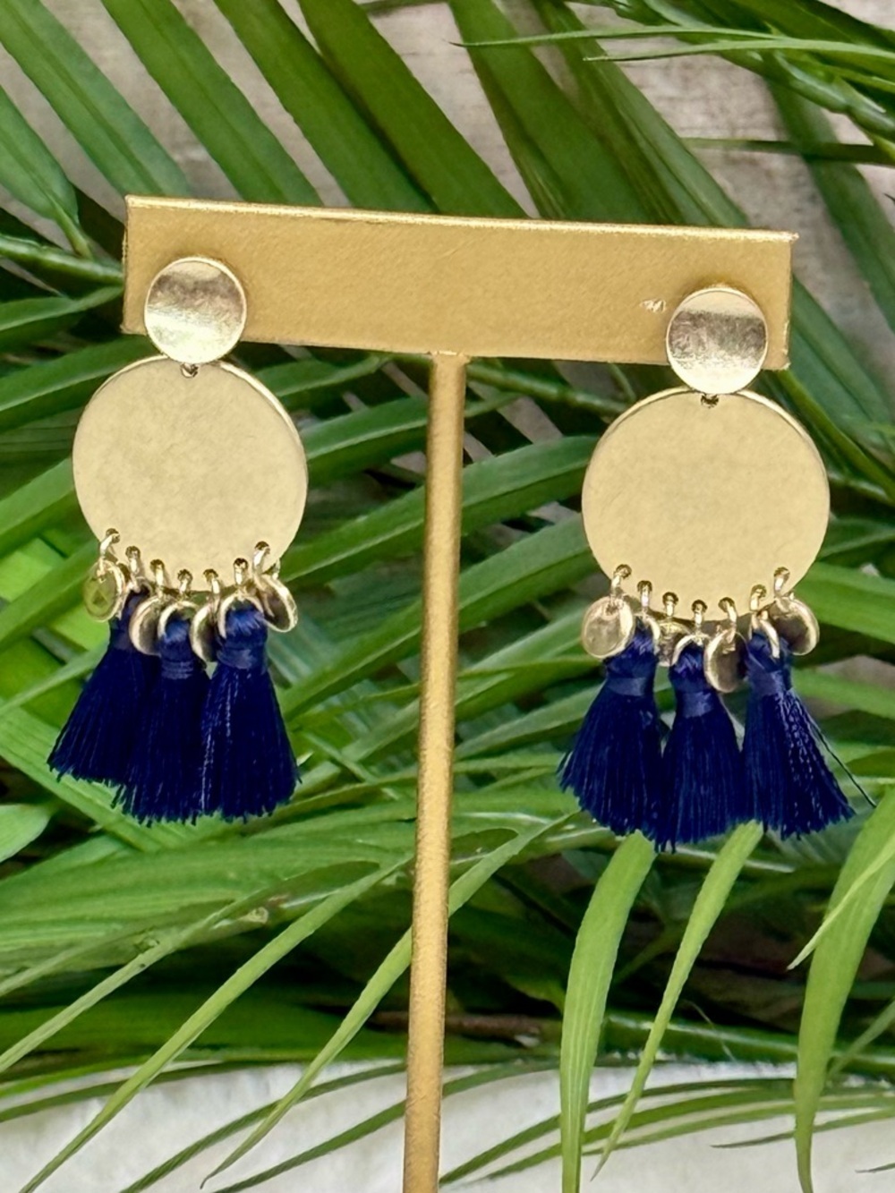 NWOT Gold Disc Navy Tassel Earrings | Boho  Dangle Boutique Style Fashion